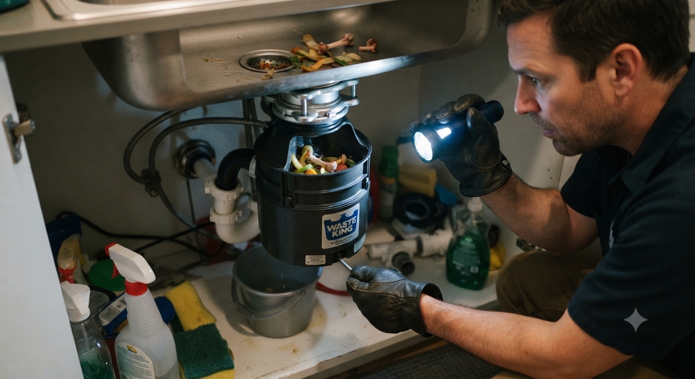 Handyman inspecting a garbage disposal under a kitchen sink