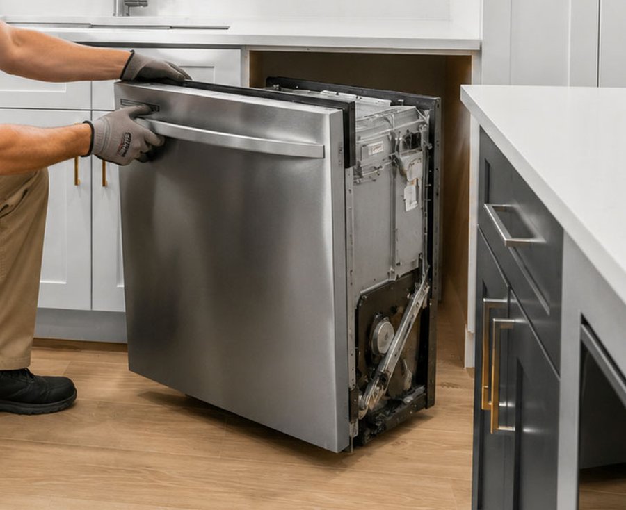 Alex removing an old dishwasher during a replacement in a Naples kitchen